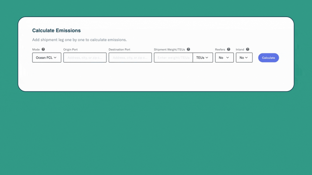 Flexport "Calculate Emissions" tool with fields for mode, origin, destination, weight, reefers and inland
