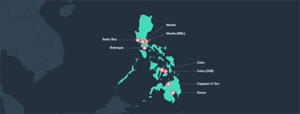Map of the Philippines marking sea and air gateways: Subic Bay, Manila, Batangas, Cebu, Cagayan d'Oro, Davao.