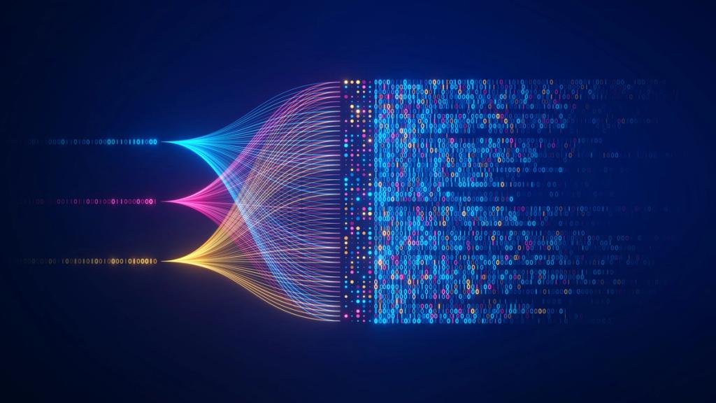 Data streams converging into binary code representing digital information flow and data processing.