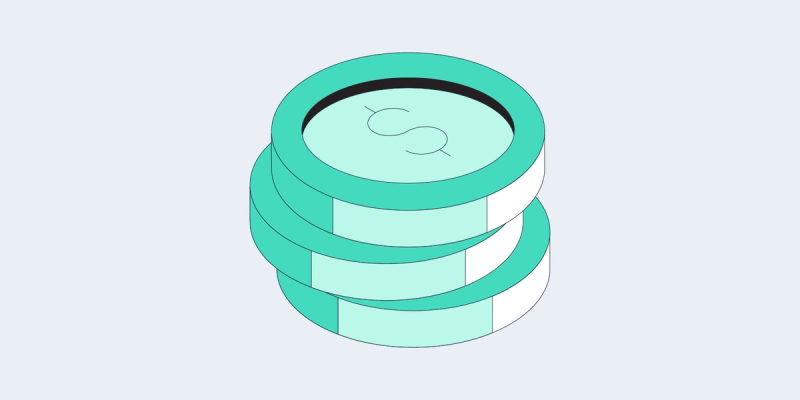 Flat illustration of a stack of teal coins, the top coin marked with a dollar sign, on light blue background