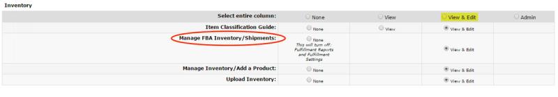 Amazon Seller Central Inventory permissions grid with View & Edit column highlighted and Manage FBA Inventory/Shipments row circled