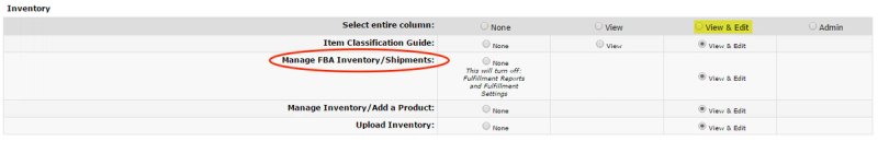 Amazon Seller Central Inventory permissions grid with View & Edit column highlighted and Manage FBA Inventory/Shipments row circled