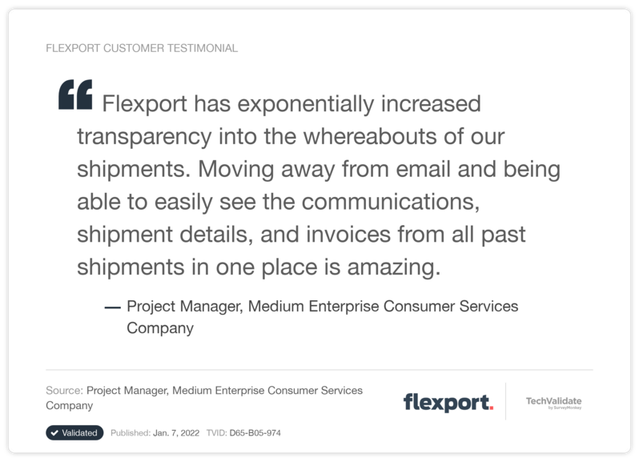 Flexport customer testimonial card praising increased shipment transparency, attributed to a project manager.