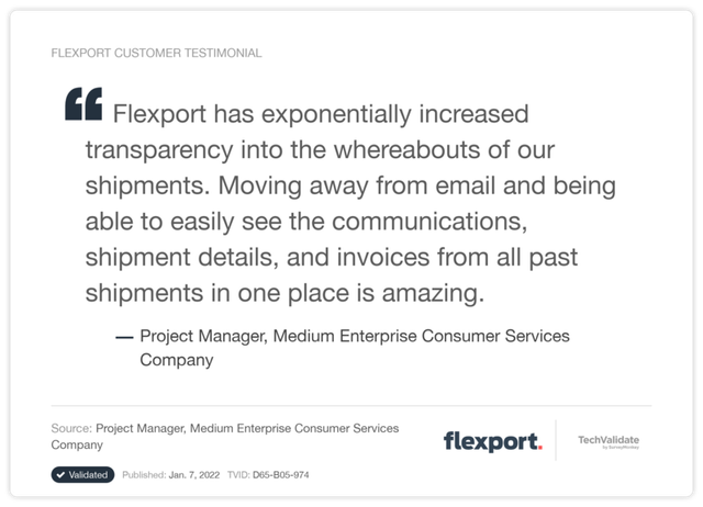Flexport customer testimonial card praising increased shipment transparency, attributed to a project manager.