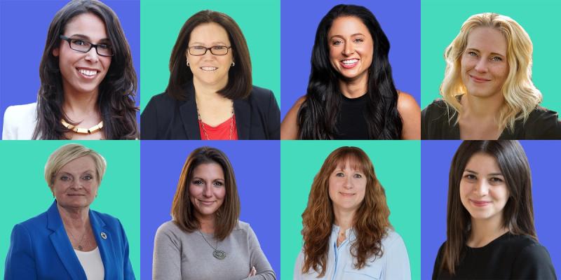 Grid of eight smiling women's headshots on blue and green backgrounds