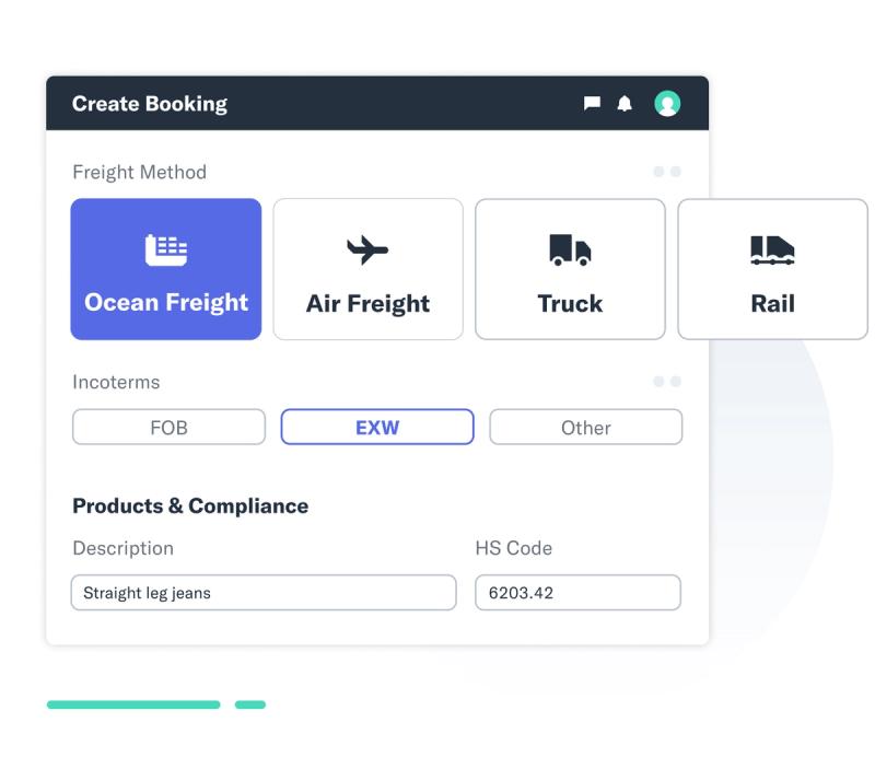 UI illustration of a Create Booking card with ocean, air, truck and rail freight method options