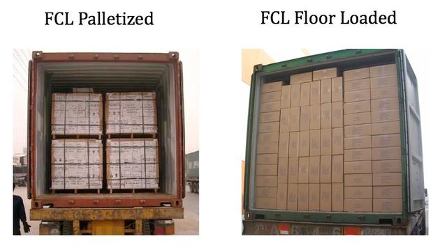 Side-by-side photos of a container loaded FCL palletized with boxes on pallets versus FCL floor loaded with boxes stacked directly on the floor