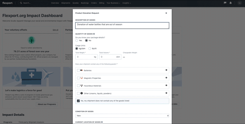 Flexport.org Impact Dashboard with a Product Donation Request form for out-of-season water bottles