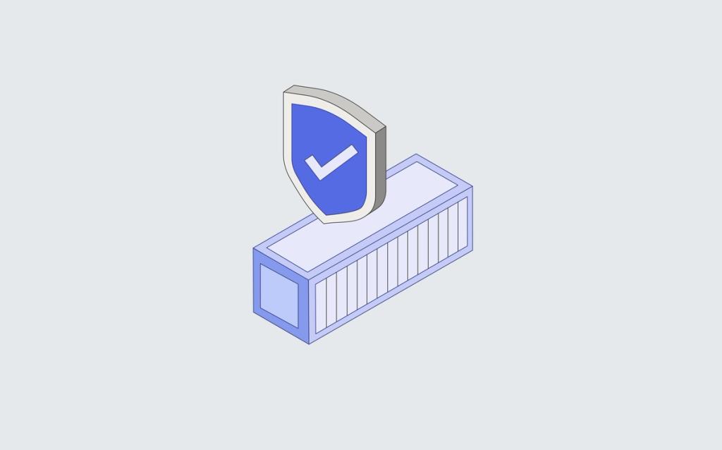 Isometric line illustration of a protection shield with a checkmark over a shipping container
