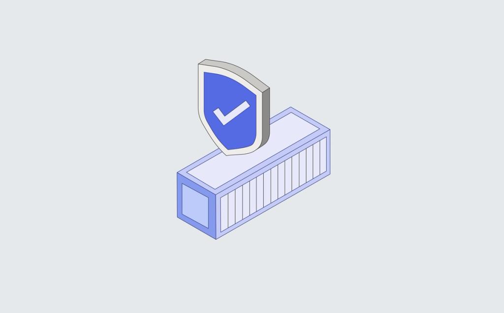Isometric line illustration of a protection shield with a checkmark over a shipping container
