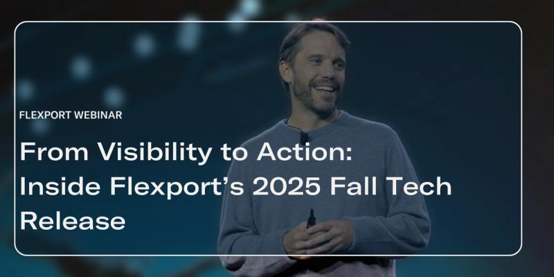 Smiling man on stage behind 'FLEXPORT WEBINAR: From Visibility to Action: Inside Flexport's 2025 Fall Tech Release'