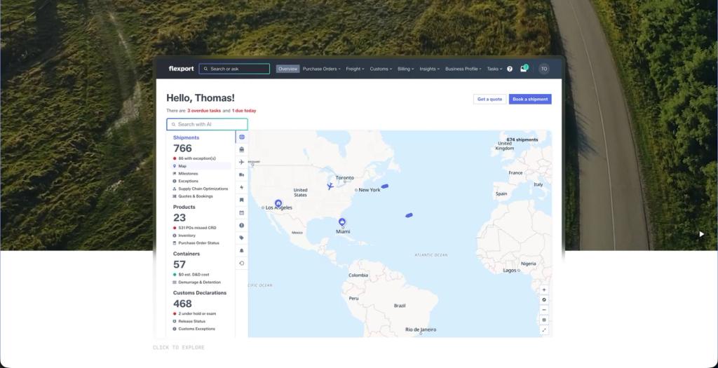Flexport dashboard showing shipment overview with statistics and world map displaying logistics locations.