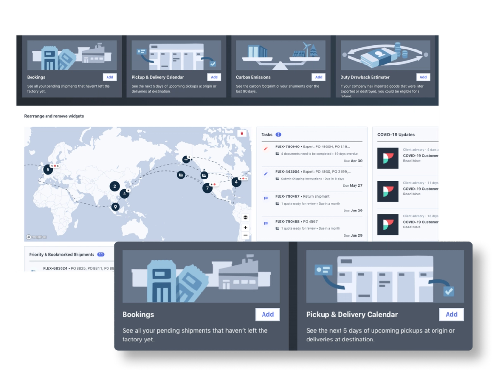 Control Tower dashboard with bookings, pickup and delivery, carbon emissions, and duty drawback widgets over a world map