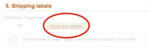 Amazon shipping labels step for 176 boxes with the Print box labels button circled in red