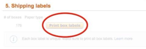 Amazon shipping labels step for 176 boxes with the Print box labels button circled in red