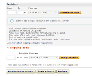 Amazon Seller Central box labels and shipping labels panels with Generate box labels and Print pallet labels buttons and labeling guidelines.