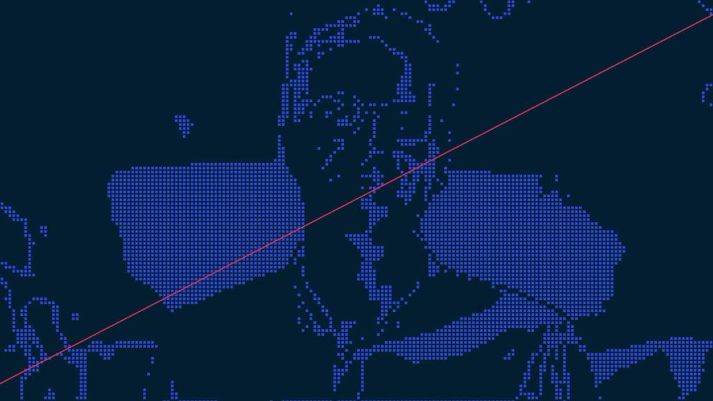 A diagonal red line crosses a pixelated map of Europe and the United Kingdom, indicating a flight path or route.