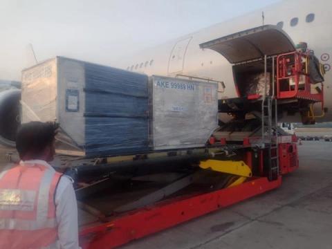 Worker in orange vest watches a loader lift a banded air cargo pallet into the side hold of an aircraft