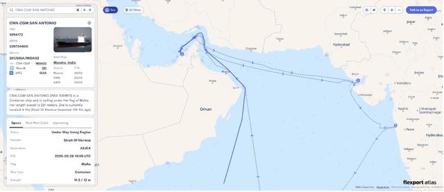 Flexport Atlas vessel tracker showing container ship CMA CGM San Antonio in the Strait of Hormuz bound for Mundra, India