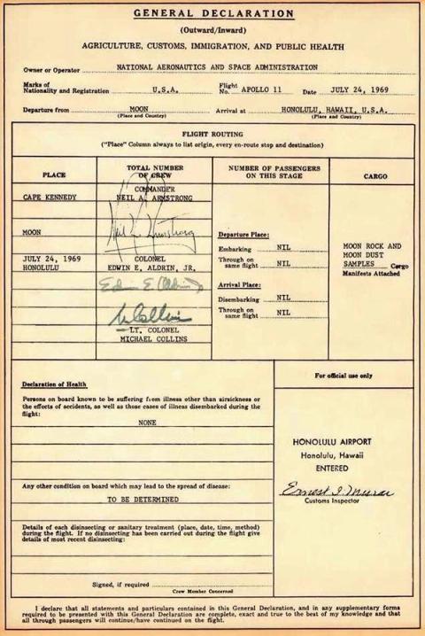Apollo 11 General Declaration customs form listing Moon as departure and moon rock as cargo