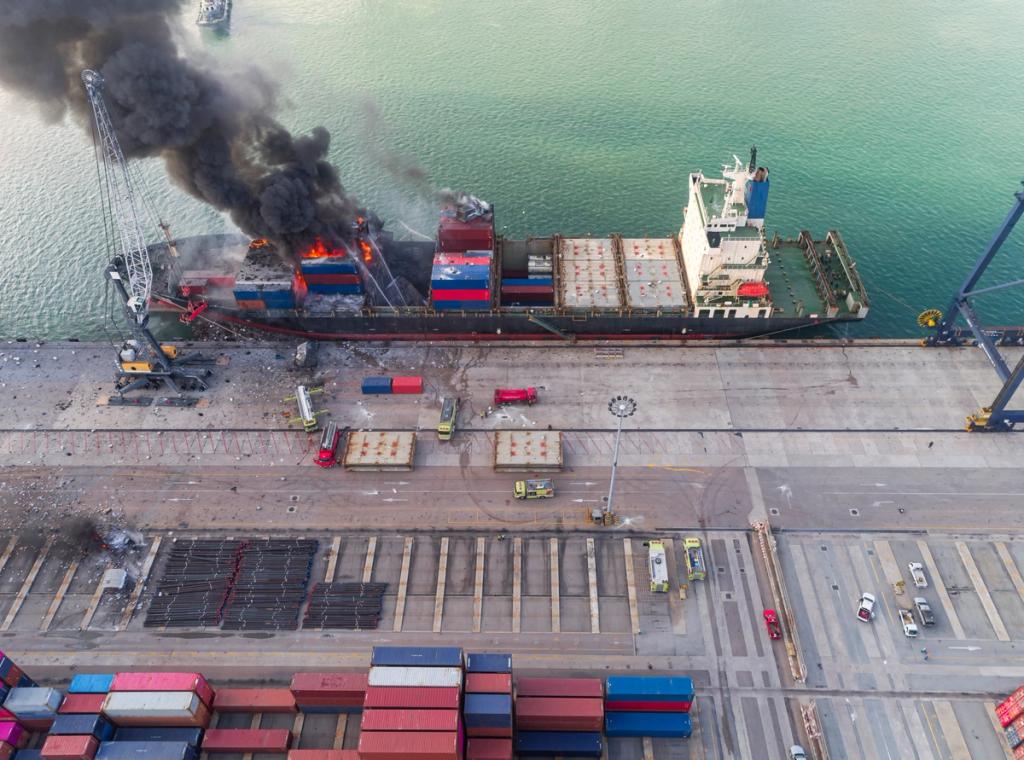 Aerial view of a container ship on fire at a port berth with a black smoke plume rising over the dock