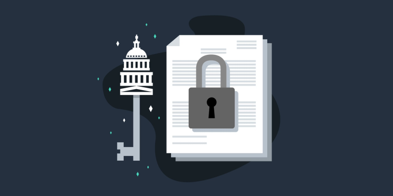 Flat illustration of a padlock over a stack of documents beside a key topped with a Capitol dome on dark navy