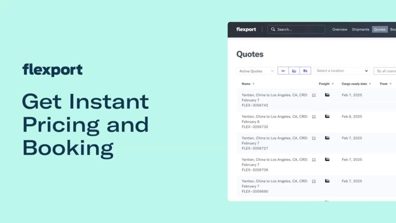Tutorial card for instant pricing showing a Flexport quotes list with ocean lane rates