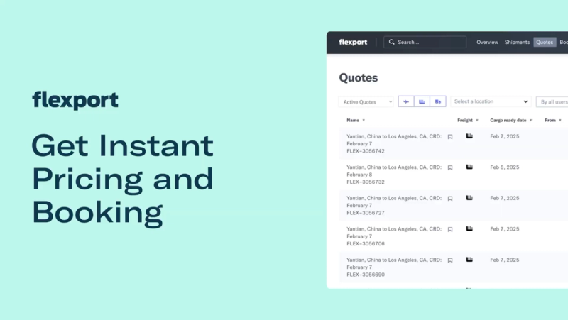 Tutorial card for instant pricing showing a Flexport quotes list with ocean lane rates