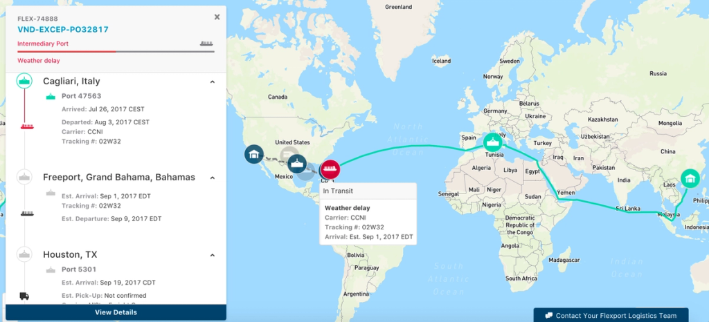 Flexport shipment tracker world map showing a Cagliari-Freeport-Houston route with a weather delay status panel