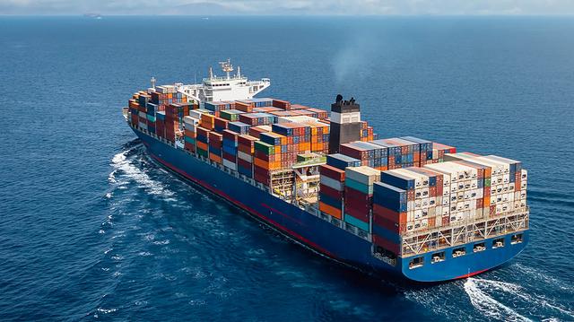 Aerial view of a fully loaded container ship sailing across open ocean