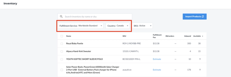 Inventory dashboard with Fulfillment Service and Country filters highlighted above a product SKU table