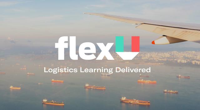 flexU Logistics Learning Delivered banner over an aerial view of an aircraft wing above a harbor full of cargo ships