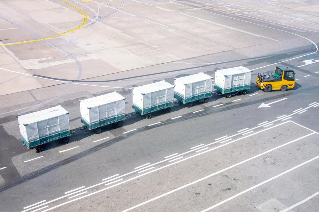 Forklift towing a train of cargo trailers on an airport runway.