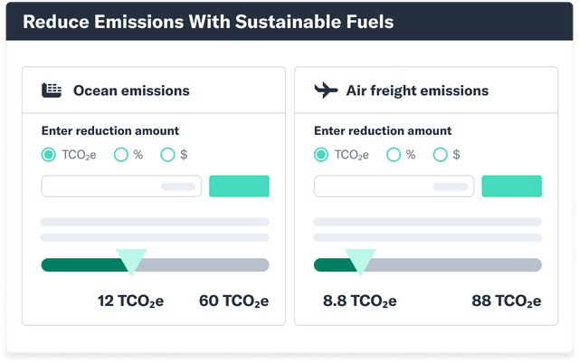 Flexport UI panel titled Reduce Emissions With Sustainable Fuels with ocean and air freight TCO2e sliders