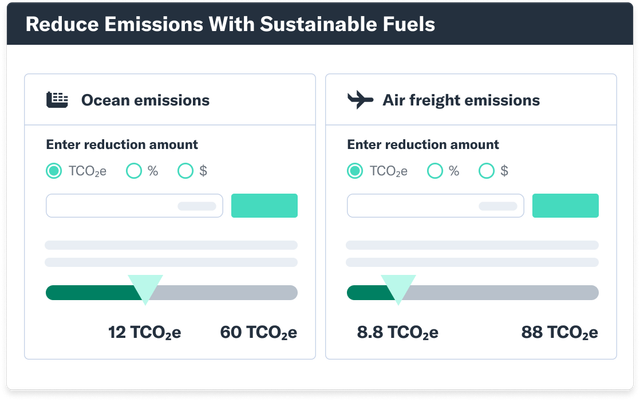 Flexport UI panel titled Reduce Emissions With Sustainable Fuels with ocean and air freight TCO2e sliders