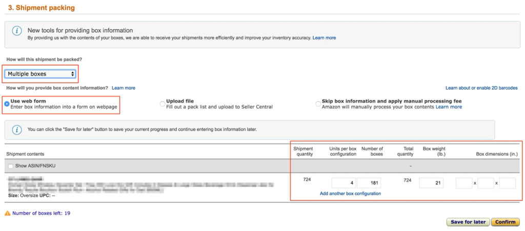 Amazon Seller Central Shipment packing step with Multiple boxes and Use web form selected and a box configuration row highlighted in red.