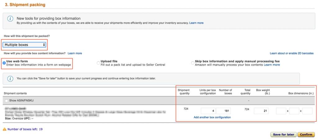 Amazon Seller Central Shipment packing step with Multiple boxes and Use web form selected and a box configuration row highlighted in red.