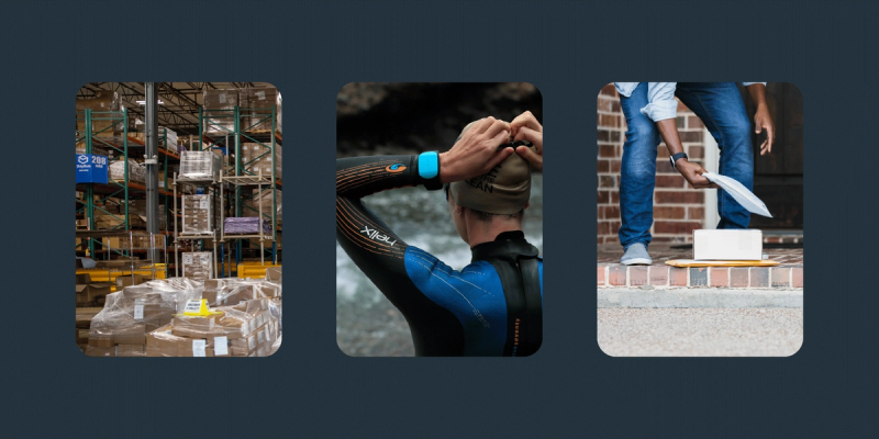 Three rounded photos on navy: a stocked warehouse aisle, an athlete in a Sharkbanz wetsuit adjusting a cap, and a person receiving a parcel on a doorstep