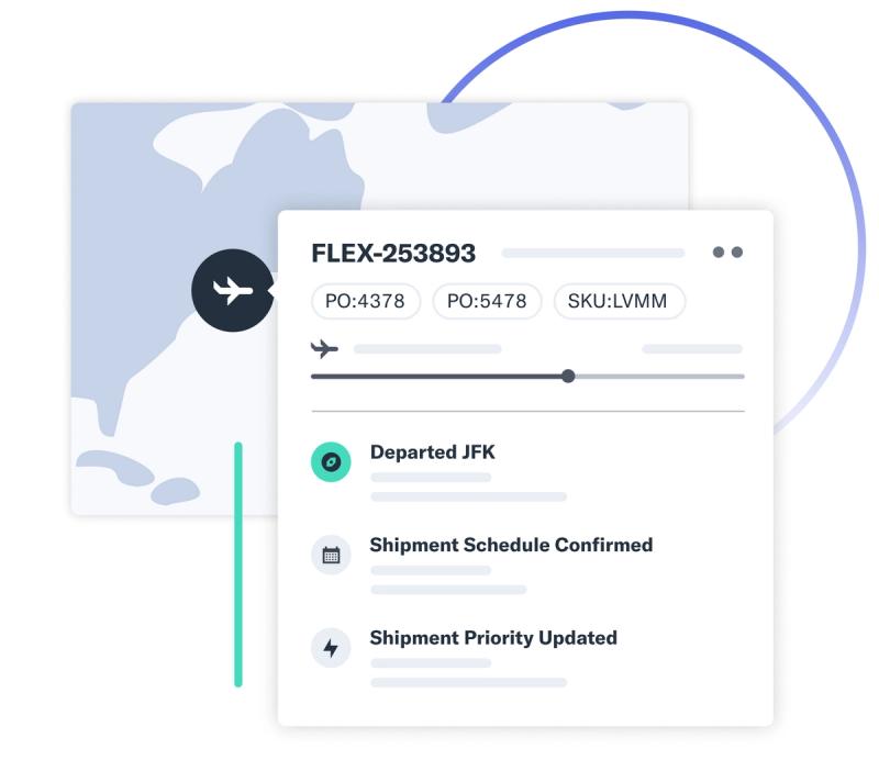 Flexport air shipment tracking card for FLEX-253893 over a map, showing departed JFK and schedule milestones