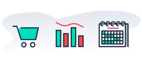A shopping cart, a bar chart with a rising trend line, and a calendar.