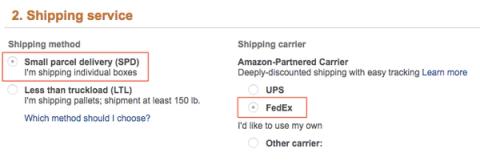 Amazon Seller Central shipping service step with Small parcel delivery selected and FedEx chosen under Amazon-Partnered Carrier