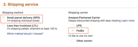 Amazon Seller Central shipping service step with Small parcel delivery selected and FedEx chosen under Amazon-Partnered Carrier