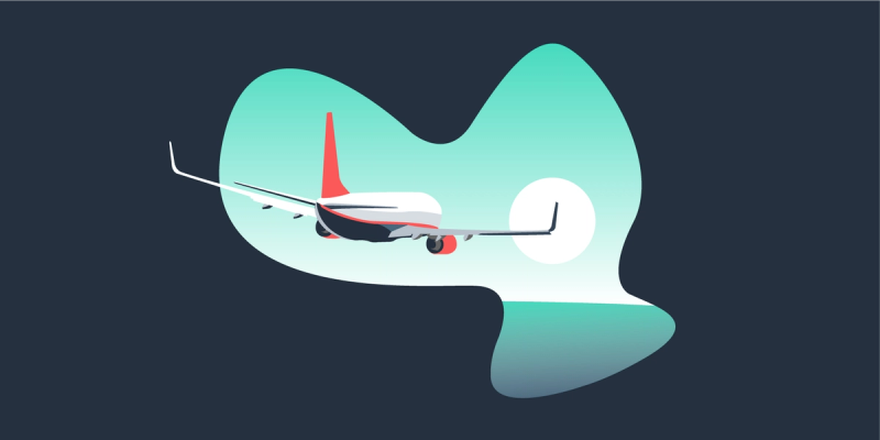 Flat illustration of a white and red passenger airplane flying within a teal organic shape on dark navy