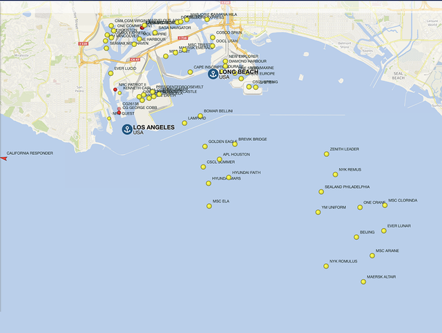 Map of vessels anchored off the ports of Los Angeles and Long Beach, each marked with a yellow dot and name
