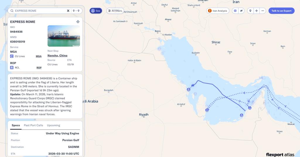 Flexport Atlas screenshot tracking container ship Express Rome in the Persian Gulf, with a detail panel noting an IRGC-claimed attack in the Strait of Hormuz and route lines across the Gulf.