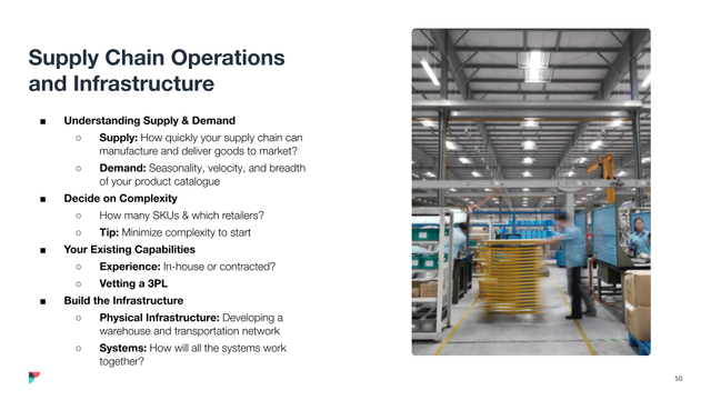 Slide 'Supply Chain Operations and Infrastructure' with bullet points and a warehouse photo
