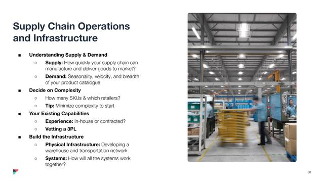 Slide 'Supply Chain Operations and Infrastructure' with bullet points and a warehouse photo