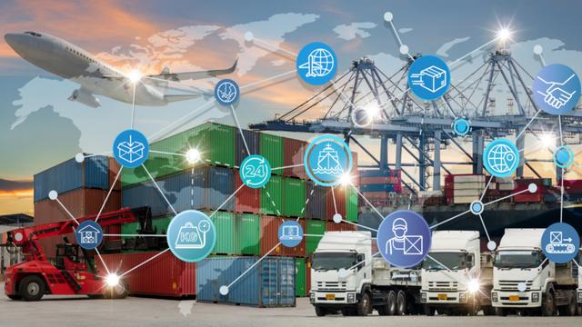 Global logistics collage with cargo plane, stacked shipping containers at port, and trucks, overlaid with a world map and connected network icons