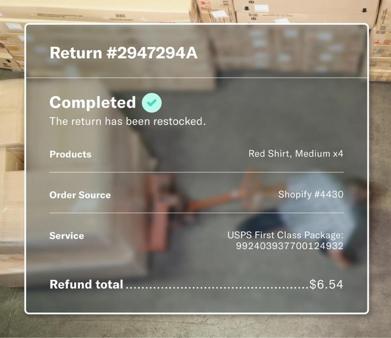 Flexport returns screen for return #2947294A showing a Completed and restocked status with refund total