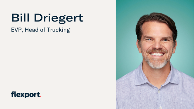 Title card with headshot of Bill Driegert, EVP Head of Trucking, and Flexport wordmark